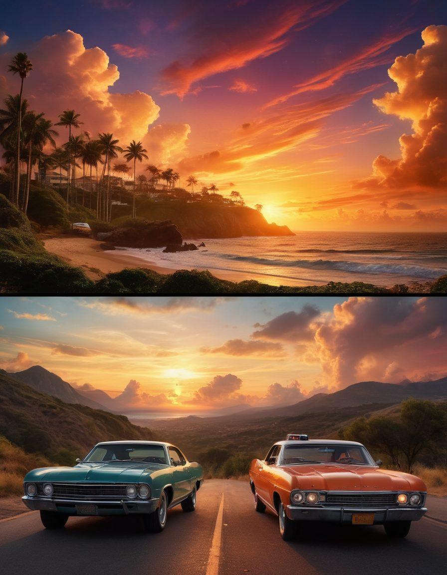 A captivating montage of iconic film scenes, featuring a beautiful sunset over a cinematic landscape, showcases legendary characters and memorable moments. Include elements like classic film reels, a film projector casting an image, and colorful spotlights illuminating the scenes. The overall composition should convey a sense of nostalgia and cinematic magic. vibrant colors. super-realistic.